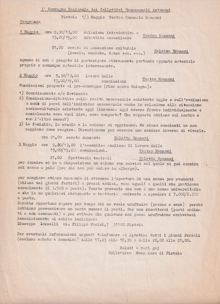 Volantino con il programma del "3° Convegno Nazionale dei Collettivi Omosessuali Autonomi", organizzato a Pistoia dal 1° al 3 maggio 1981