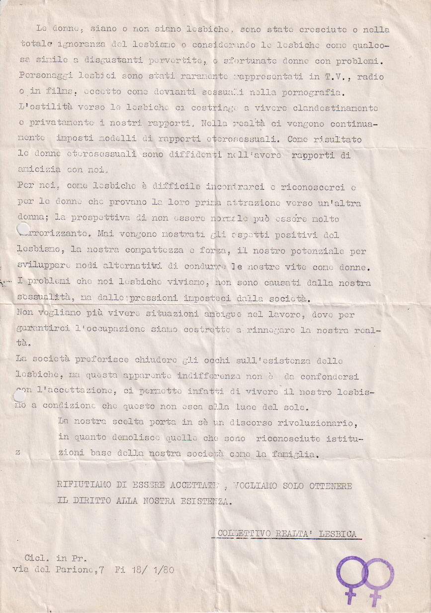 Volantino redatto dal collettivo Realta Lesbica 1980